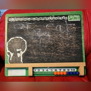 Vintage Childs Chalk Animal Board Lion 1960s plus abacus Learning Toy CHARTIY